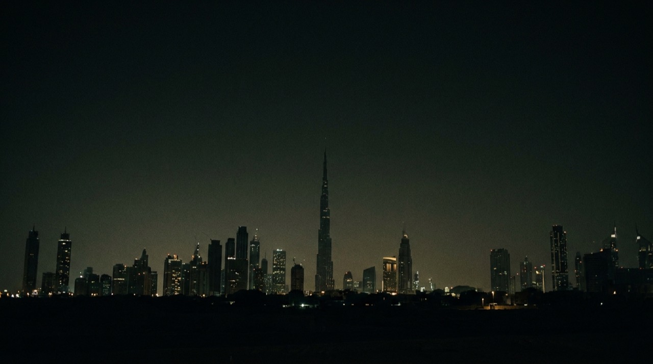 The Dubai skyline at night in light desert haze
