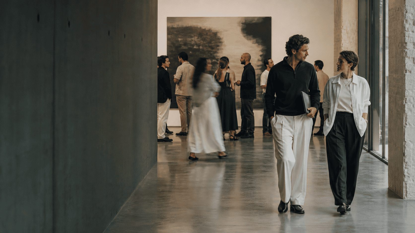 A man and a woman in conversation, walking through a private gallery viewing while other guests gather before a large abstract canvas.