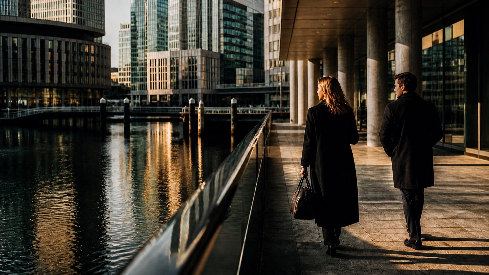 Two people in tailored coats walking a waterfront financial district at golden hour.