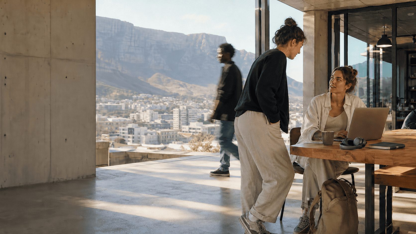 Two people talking over a laptop at a wooden table in a bright hillside co-working space, a mountain and the city below through the open glass wall.